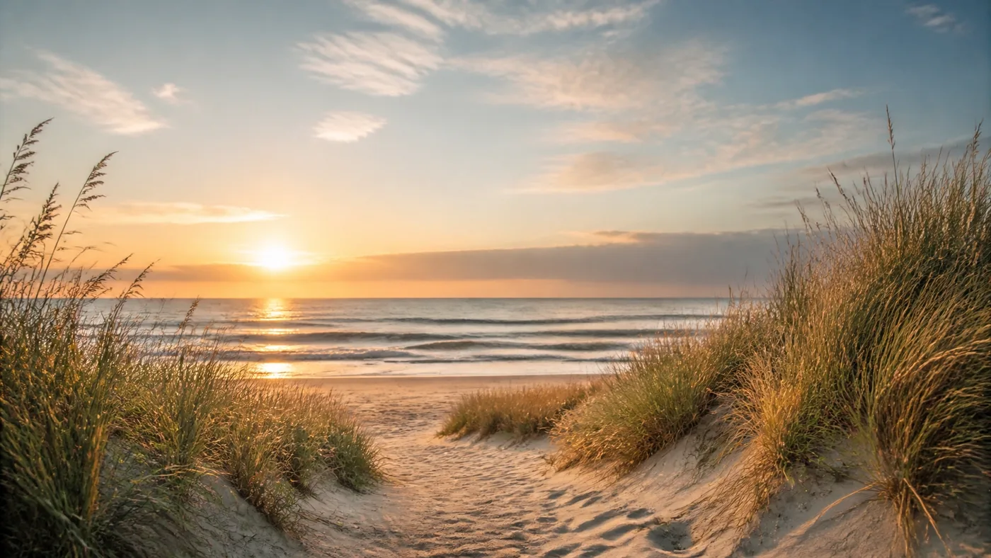 A sandy path through coastal grasses leading toward the ocean at sunrise
